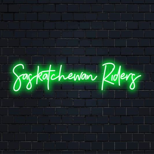 Saskatchewan Riders LED Neon Sign, glowing lettering on black brick background