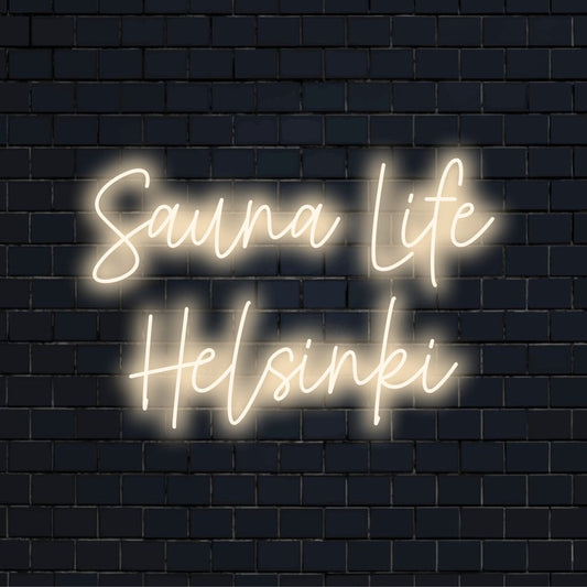 Sauna Life Helsinki Neon Sign, bright LED glow on black brick background
