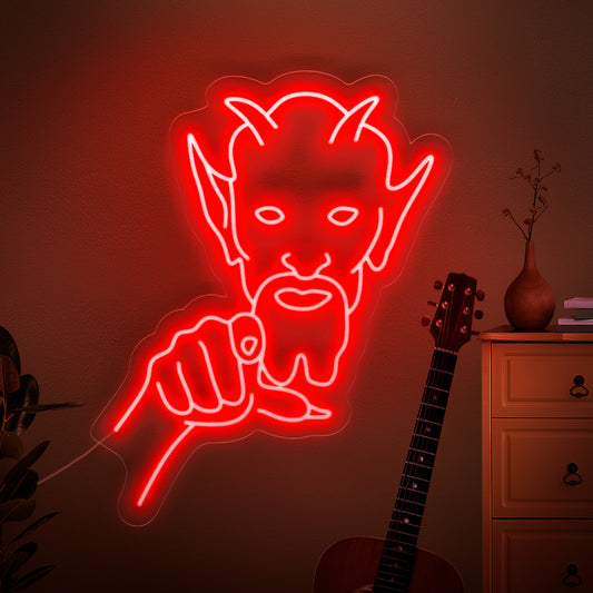 A haunting neon sign featuring a menacing demon pointing directly at you, creating a sense of fear and unease.