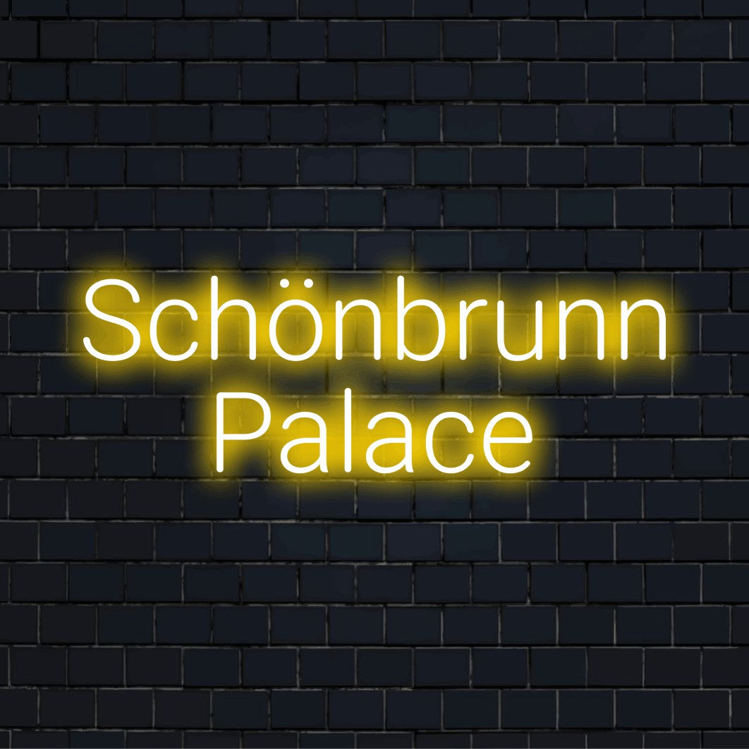 Schonbrunn Palace Neon Sign, neon text light against brick backdrop
