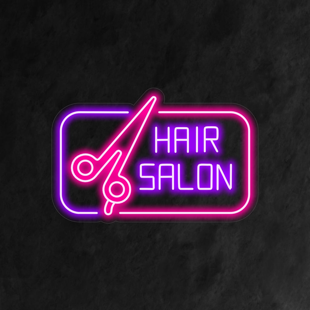 Vangitseva neonkyltti, jossa on sakset ja sanat 'Hair Salon' tyylikkäin ja rohkein kirjaimin.