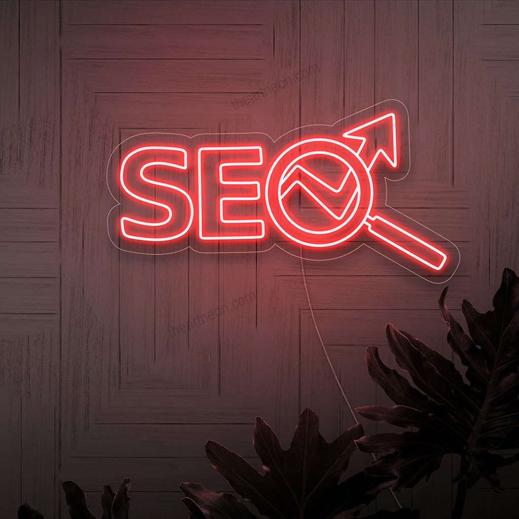 Käsintehty SEO neonkyltti, digitaalisen markkinoinnin ja verkkosivustojen optimoinnin symboli, täydellinen online-yritysten sisustukseen.