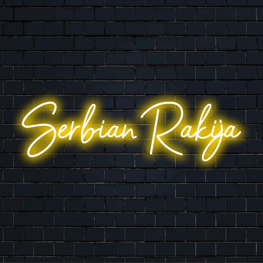 Serbian Rakija LED Neon Sign, soft neon glow against black brick wall