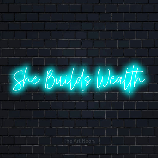 "She Builds Wealth" text design with neon effect on a black brick wall