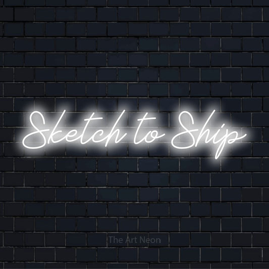 "Sketch To Ship" text design with neon effect on a black brick wall