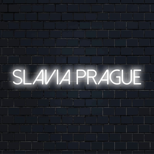 Slavia Prague Neon Sign, bright LED glow against brick backdrop