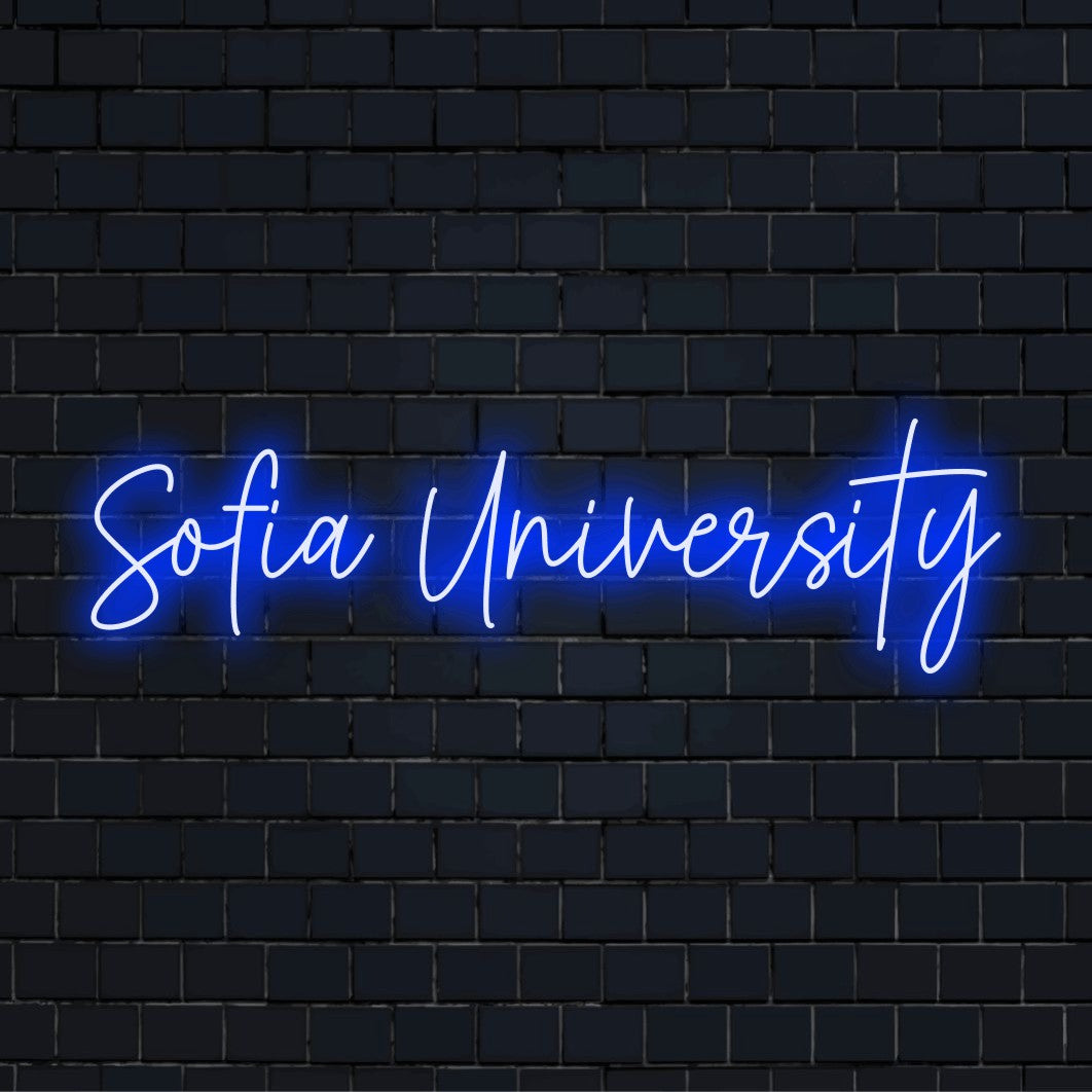 Sofia University Neon Sign, bright neon glow on dark brick background