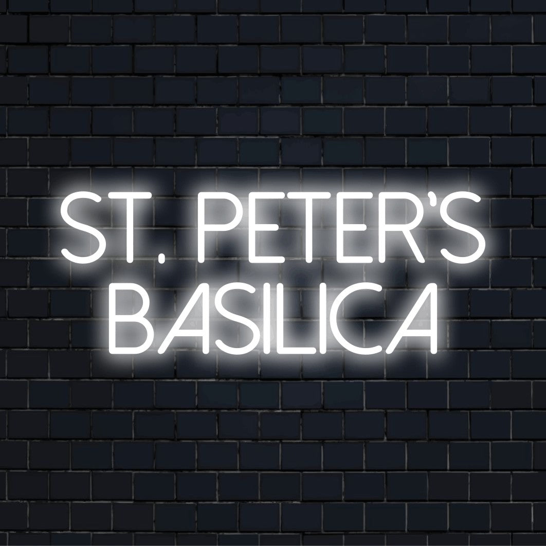St Peter S Basilica LED Neon Sign, glowing lettering against black brick wall