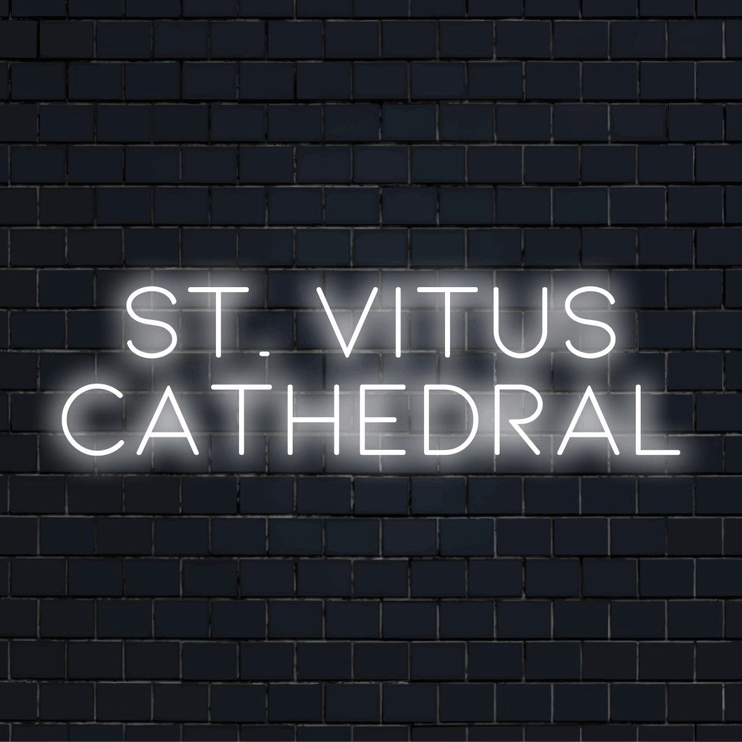 St Vitus Cathedral Neon Light with bright LED glow on dark brick background