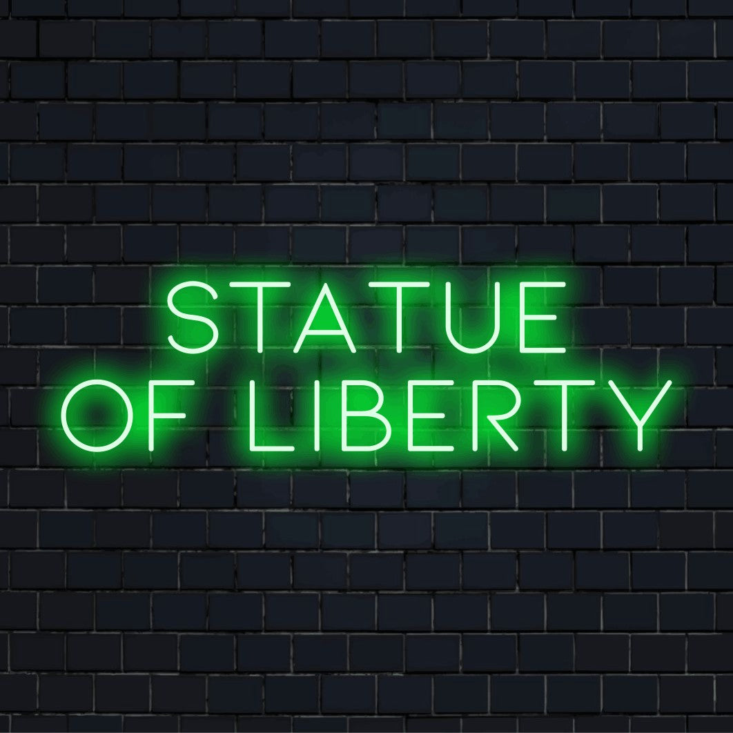 Statue Of Liberty LED Neon Sign, soft neon glow against black brick wall