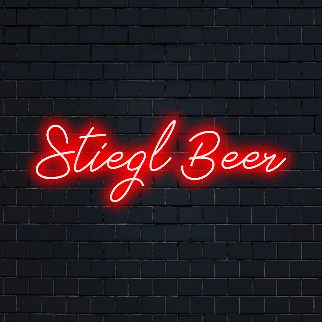 Stiegl Beer Neon Sign, soft neon glow on black brick background