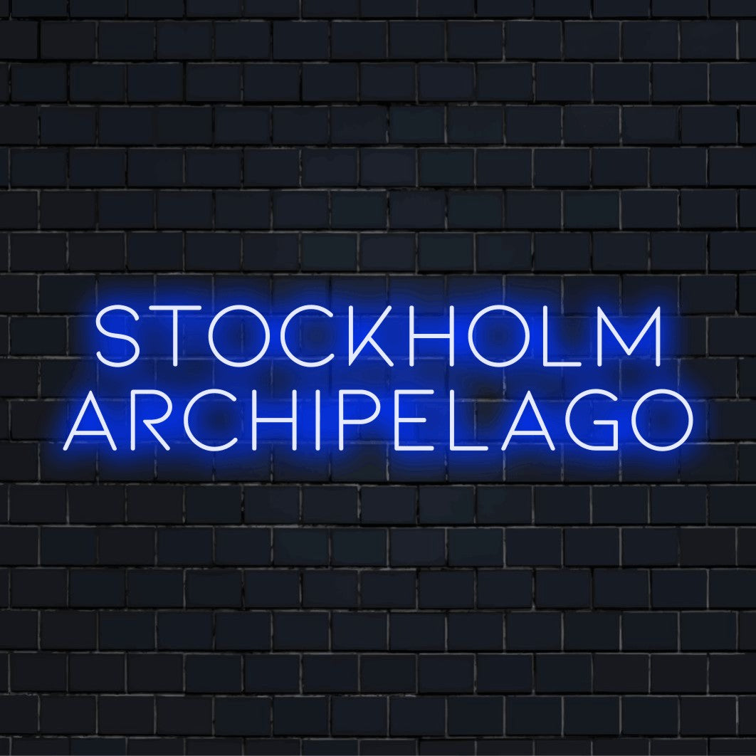 Stockholm Archipelago Neon Sign, soft neon glow against brick backdrop