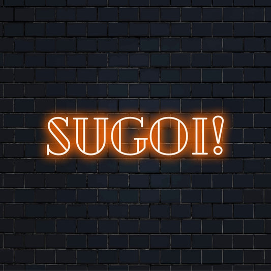 Sugoi Neon Sign, bright neon glow on dark brick wall