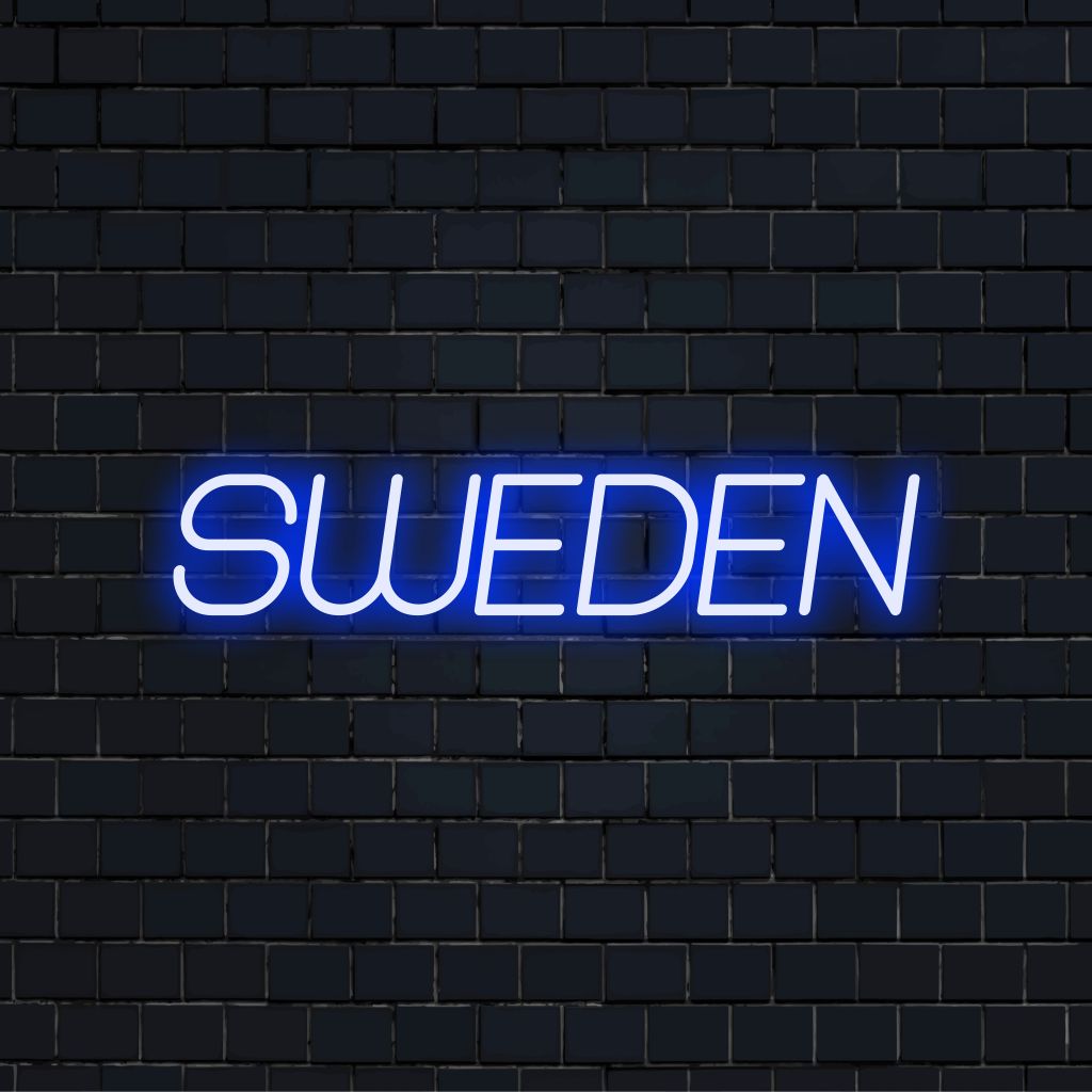 Sweden LED Neon Sign, neon text light on dark brick wall