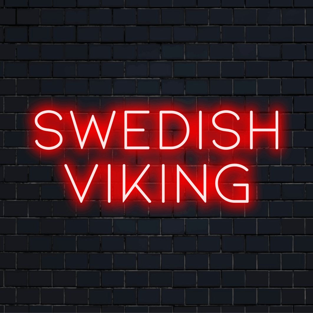 Swedish Viking Neon Sign, neon text light against black brick wall