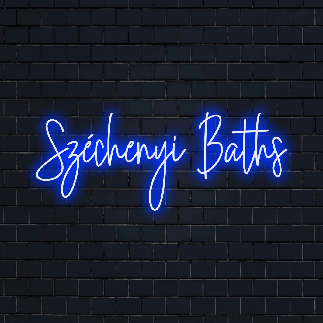 Sz Chenyi Baths Neon Light with bright LED glow on dark brick wall