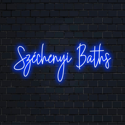 Sz Chenyi Baths Neon Light with bright LED glow on dark brick wall