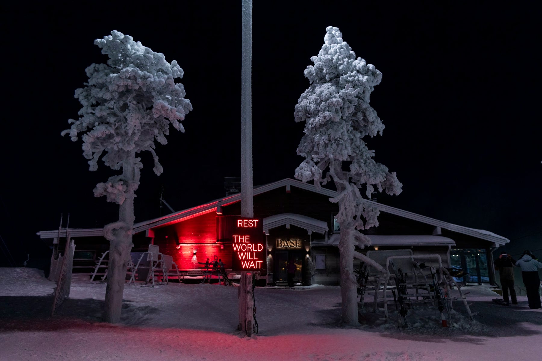 Outdoor LED neon text installation at Ruka Polar Night Light Festival in Finland