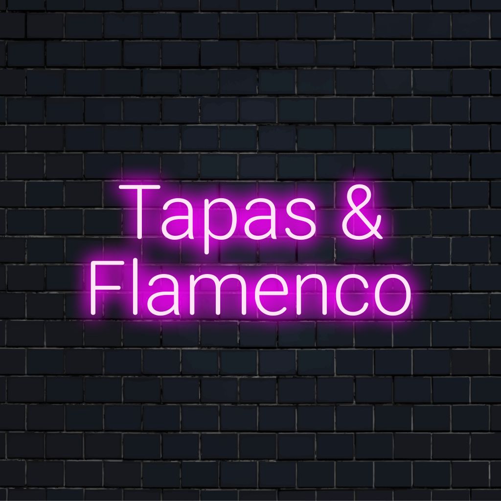 Tapas Flamenco LED Neon Sign, bright neon glow on dark brick background