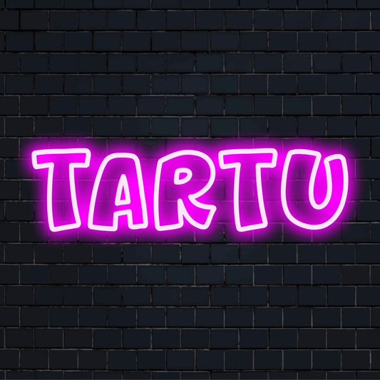Tartu Neon Sign, neon text light on dark brick wall