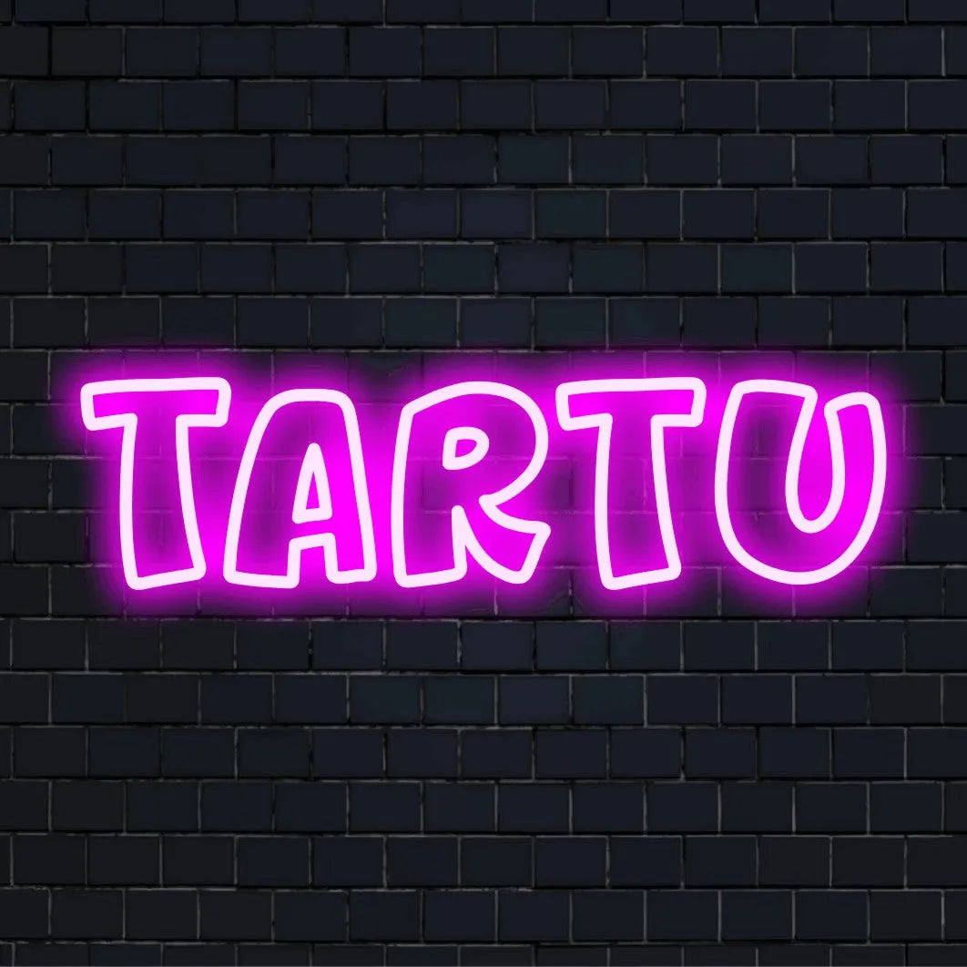 Tartu Neon Sign, neon text light on dark brick wall