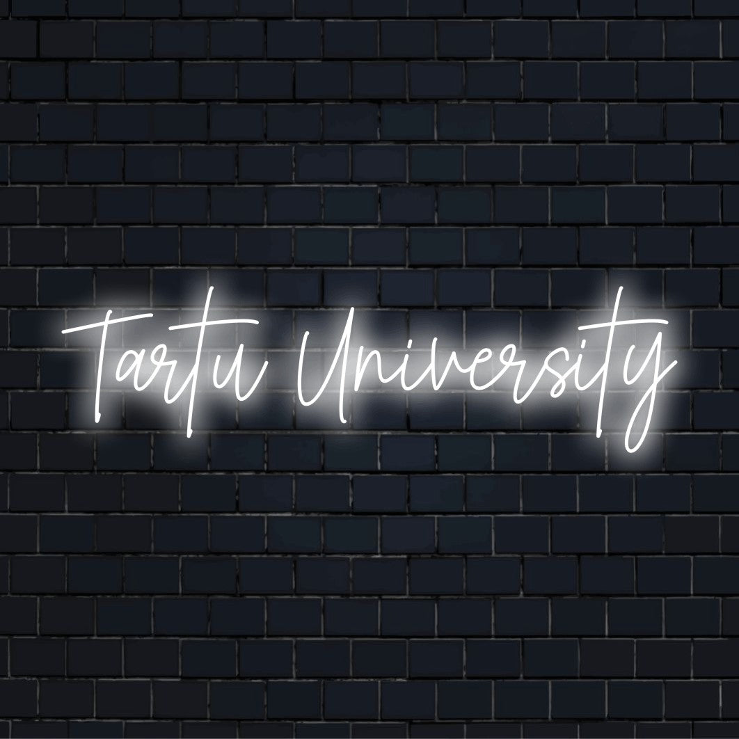 Tartu University Neon Sign, bright LED glow against black brick wall