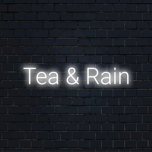 Tea Rain LED Neon Sign, soft neon glow on black brick background