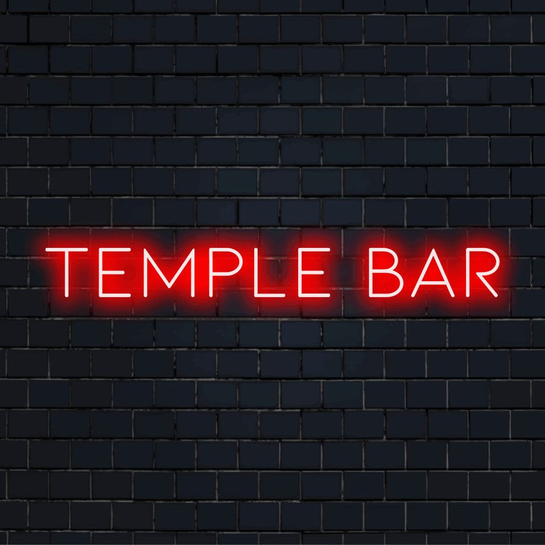 Temple Bar LED Neon Sign, glowing lettering on black brick background