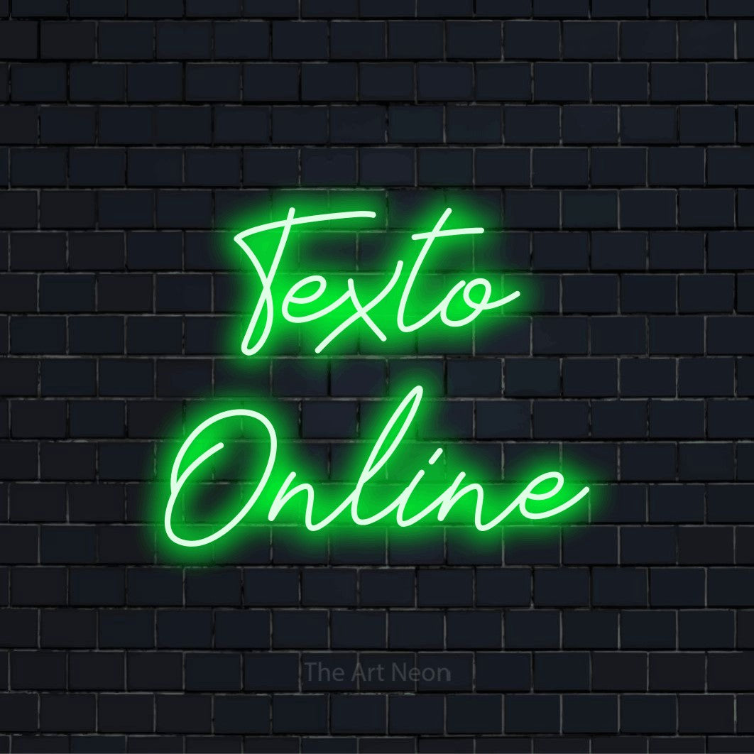 Letreiro néon LED com o texto “Texto Online” numa parede escura