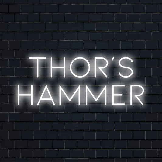 Thor S Hammer LED Neon Sign, soft neon glow on dark brick wall