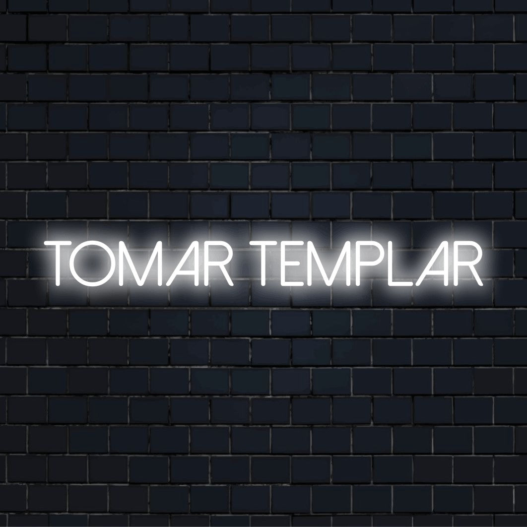 Tomar Templar LED Neon Sign, glowing neon text on black brick background