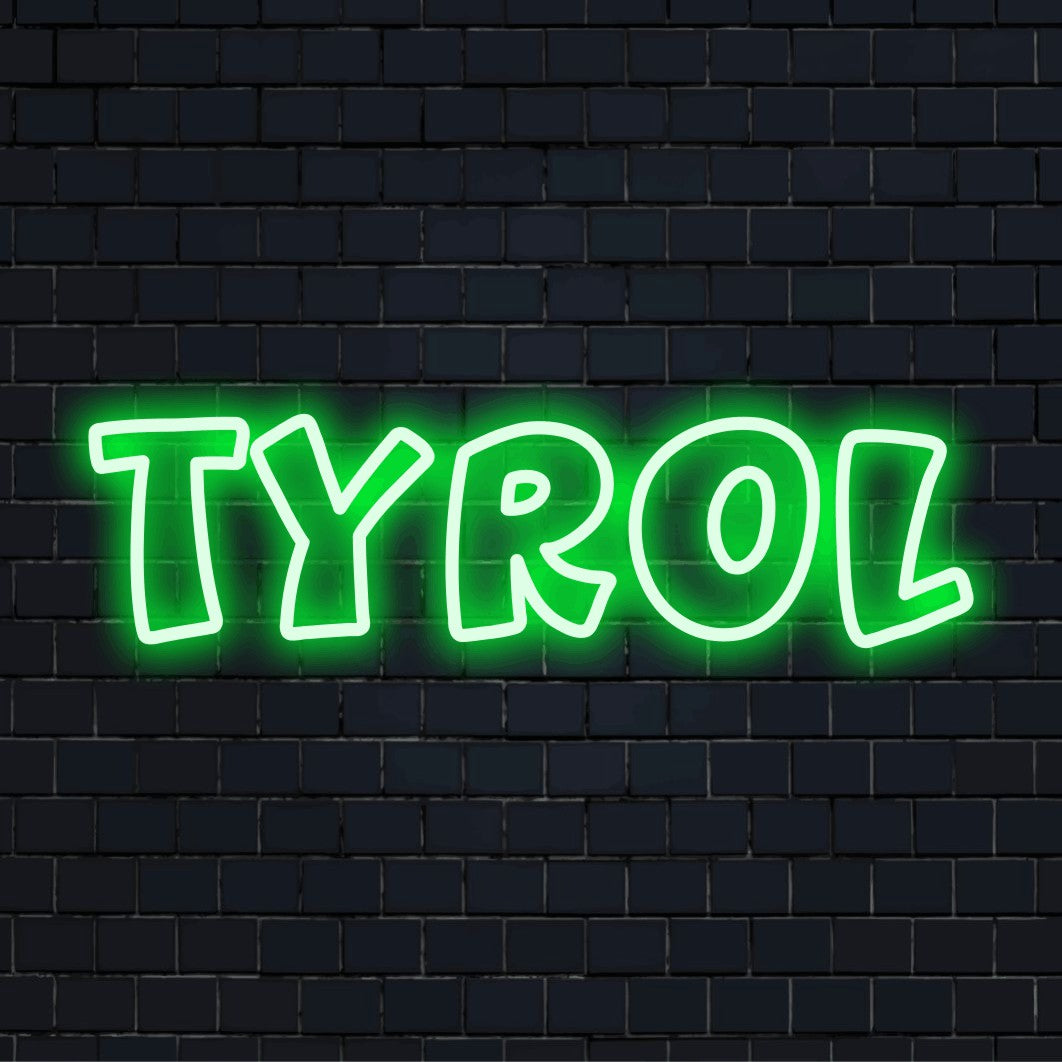 Tyrol Neon Light with soft neon glow against brick backdrop