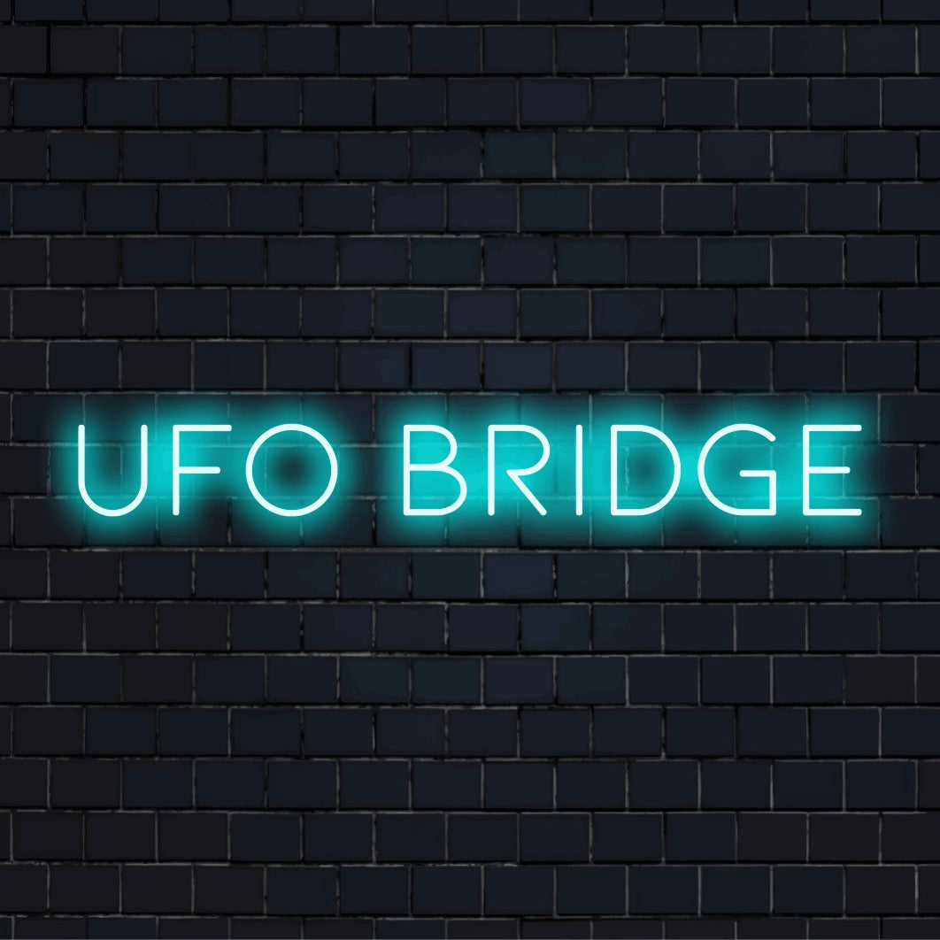 Ufo Bridge Neon Sign, glowing lettering on dark brick wall