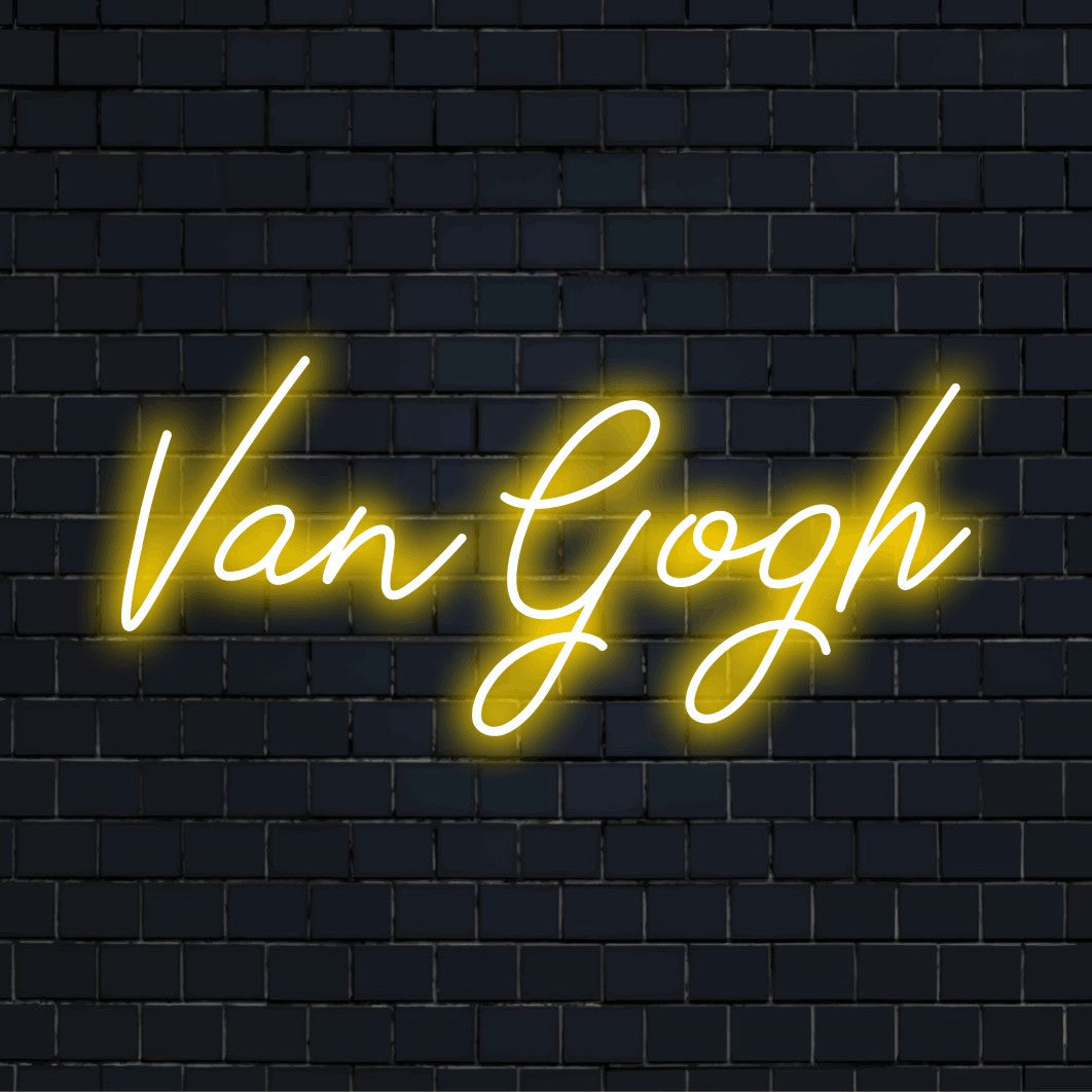 Van Gogh LED Neon Sign, bright neon glow against brick backdrop