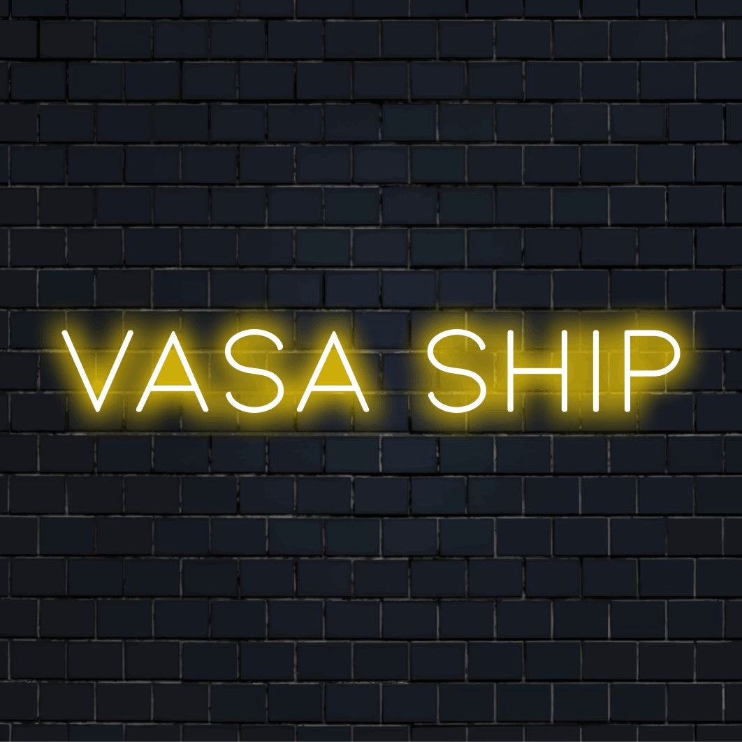 Vasa Ship Neon Light with glowing lettering against black brick wall