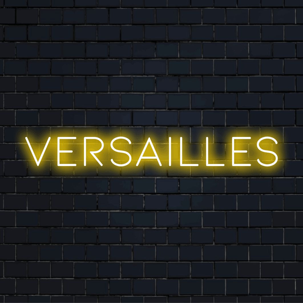 Versailles Neon Light with soft neon glow on dark brick background