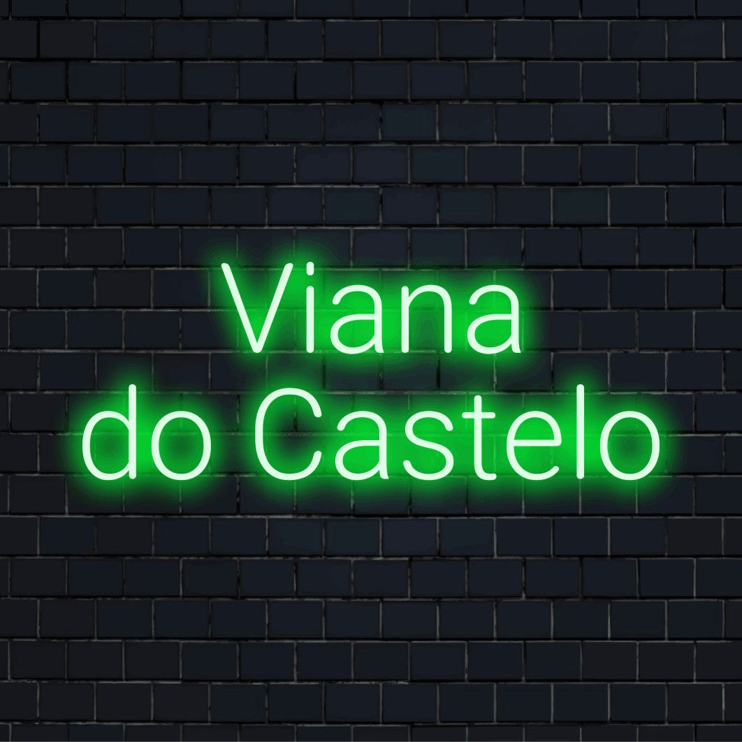 Viana Do Castelo Neon Sign, bright LED glow on dark brick wall