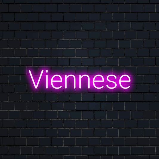 Viennese LED Neon Sign, glowing wall decor on dark brick wall