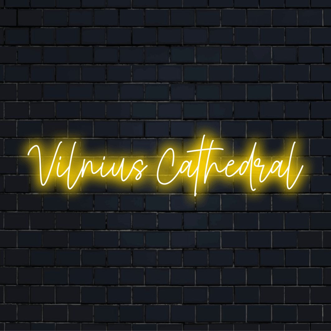 Vilnius Cathedral Neon Sign, bright neon glow on dark brick background