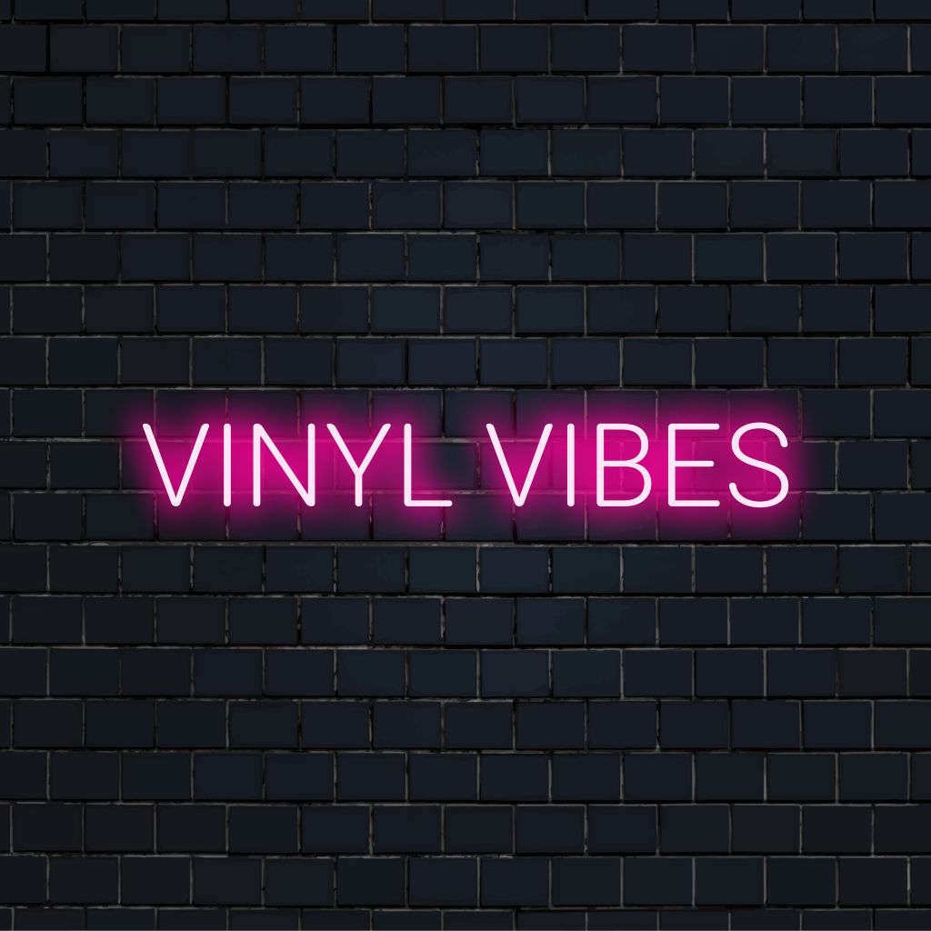 Vinyl Vibes LED Neon Sign, bright LED glow on dark brick background