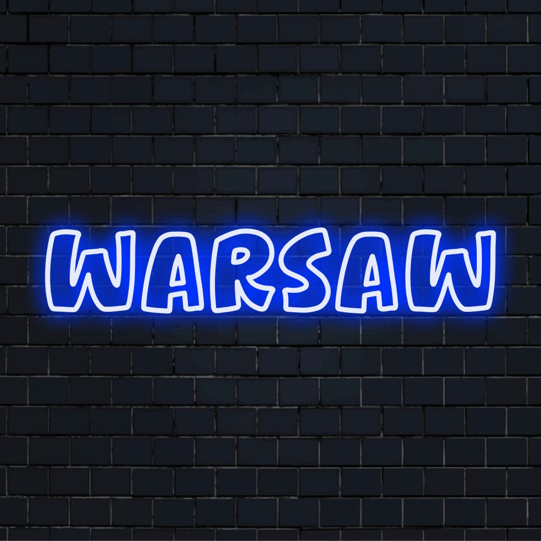 Warsaw Neon Sign, bright neon lettering on dark brick background