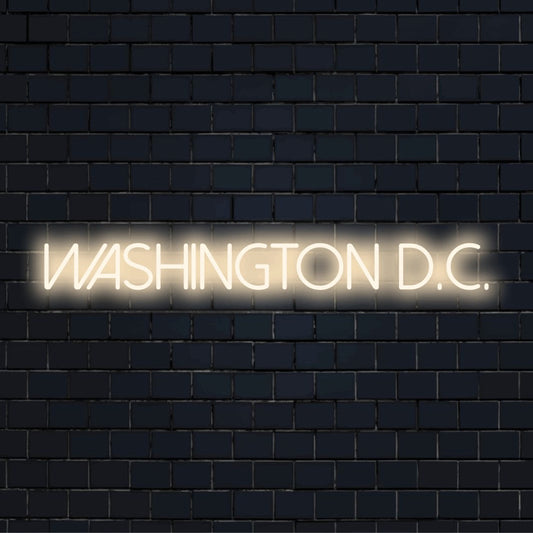 Washington D C Neon Light with soft neon glow on dark brick background