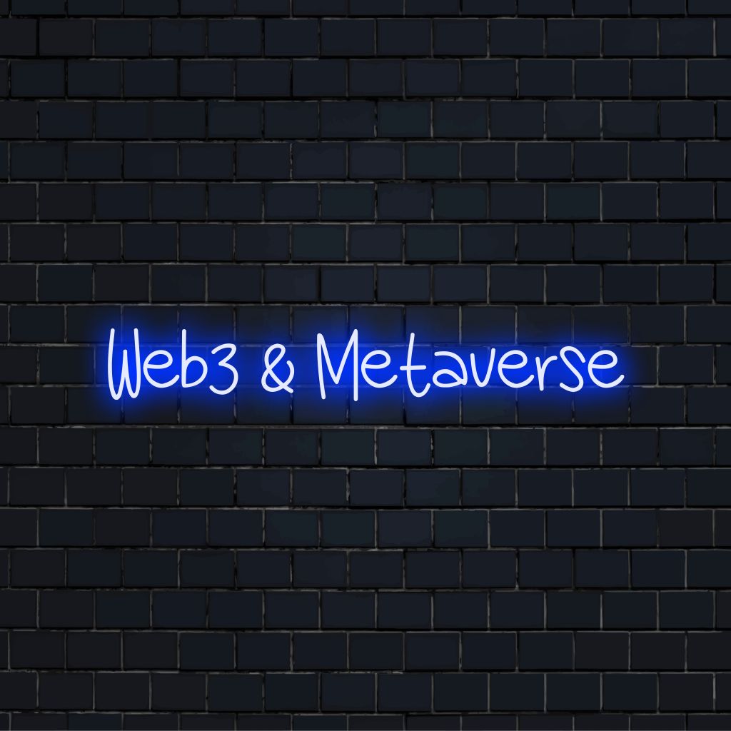 Web3 Metaverse Neon Light with glowing neon text on black brick background
