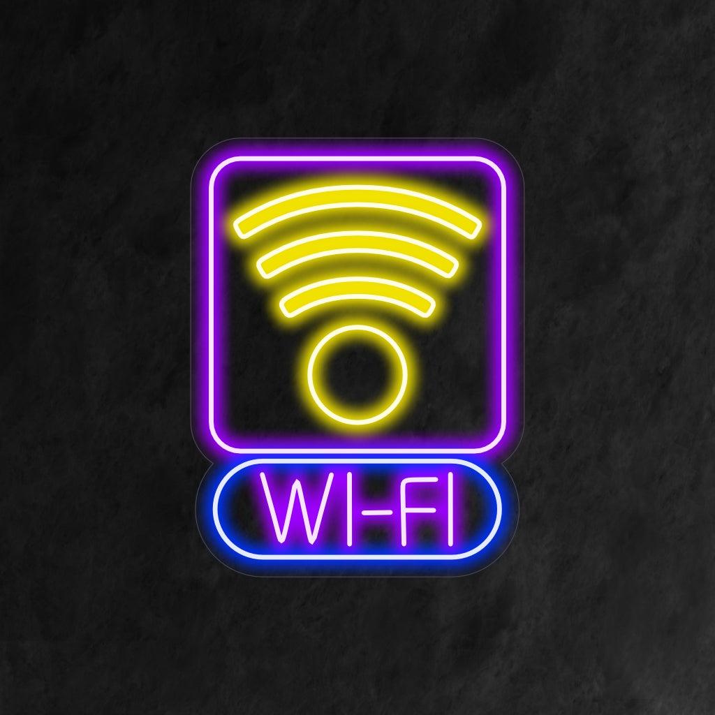 Tyylikäs neonkyltti, joka esittelee ikonisen Wi-Fi-symbolin, joka edustaa internetyhteyden saatavuutta.