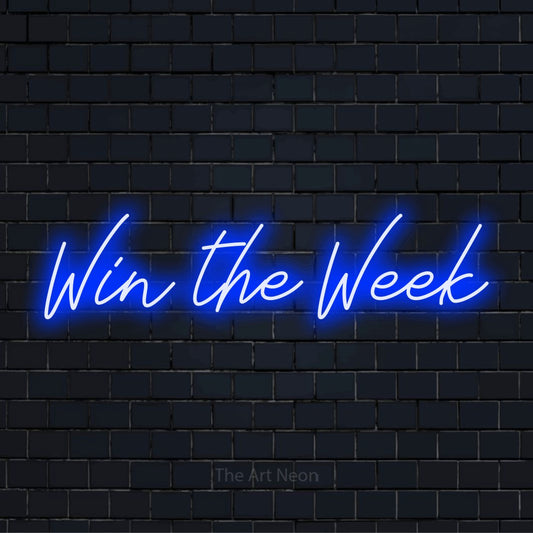 "Win The Week" neon text design on a black brick wall