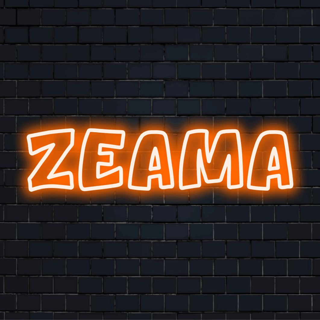 Zeama Neon Sign, bright neon lettering on black brick background