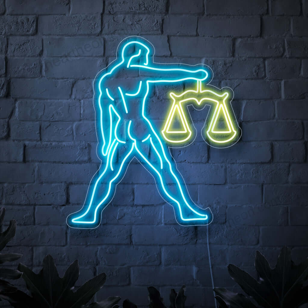 Kiehtova neonkyltti, jossa on Vaaka-symboli ja joka kuvaa miestä pitelemässä vaakaa. Tämä astrologiaaiheinen neonkyltti lisää ripauksen mystiikkaa ja eleganssia mihin tahansa tilaan säteilemällä eloisaa ja lumoavaa valoa. Se edustaa horoskooppimerkkiä Vaaka, joka symboloi tasapainoa, harmoniaa ja oikeudenmukaisuutta.
